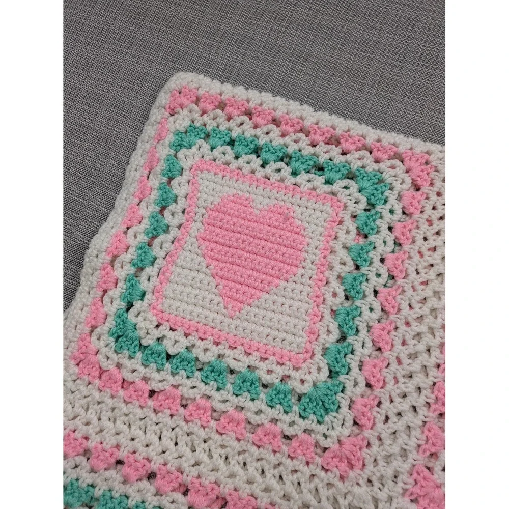 Handmade Crochet Crib Blanket Baby Girls Pink Heart Squares 38x58 Multicolor